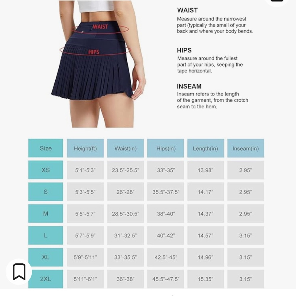 🛍️Baleaf Navy Blue Pleated Skort Skirt Pickleball Tennis Golf Lined Pockets 2XL - Picture 6 of 8